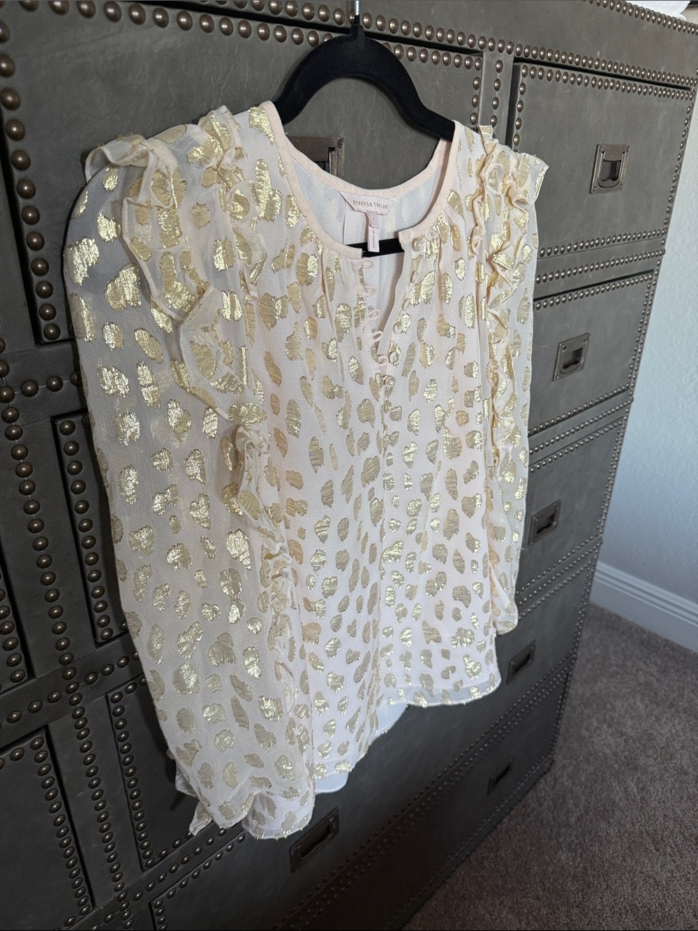 Rebecca Taylor Cream Blouse with Gold Leopard Foil and Ruffle Trim Size 2
